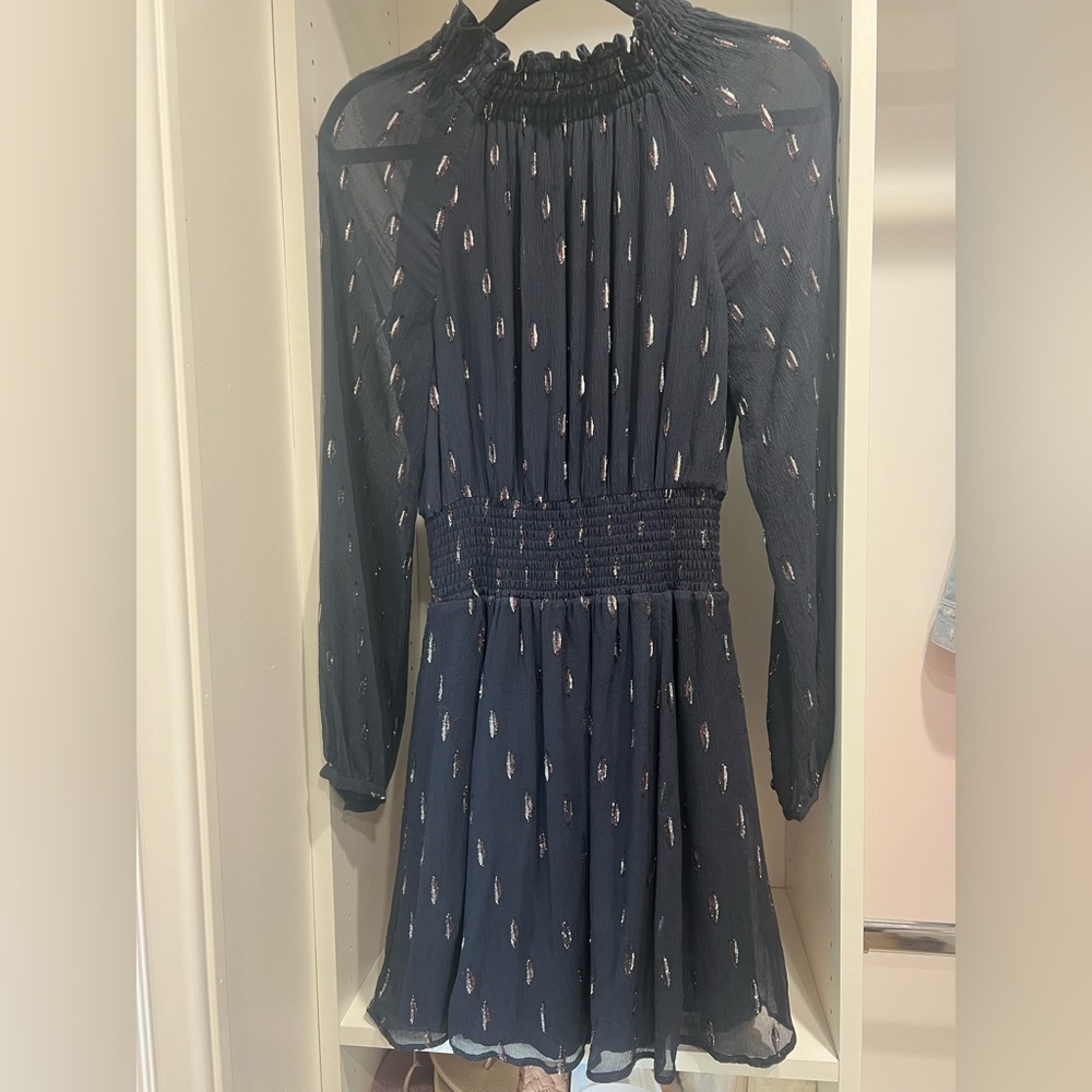 Veronica Beard Holiday Navy Blue Silver Smocked metallic Cocktail Dress Size 4